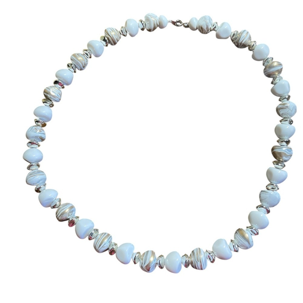 Bead Necklace White Gold Swirl Silver Spacer Chunky Retro Jewelry Silver